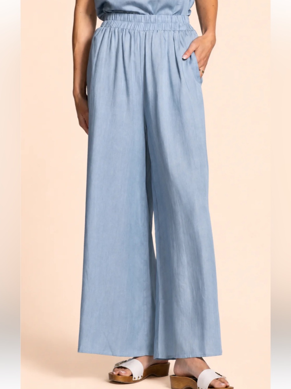 Light Blue Wide-Leg Women's Pants - Elastic Waist made in Italy 100 pure Linen